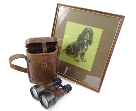 A pair of First World War field binoculars, with ebonised and stylised leather decoration, the case stamped, oak leather good