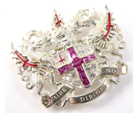 A City of London silver brooch, marked Domine Dirige Nos, depicting two dragons with shield, with enamel red decoration, the 