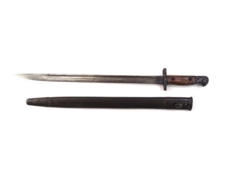 A 1907 pattern Wilkinson bayonet and scabbard, with plain wooden handle and shaped metal pommel, 58cm wide.