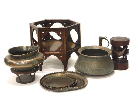 A collection of Indian and Eastern copper and other metalware, to include pieces with engraved decoration, some blacked ename