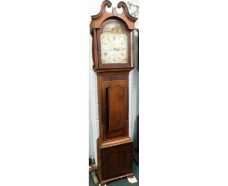 W Bower, Chesterfield.  An early 19thC longcase clock, the arched dial painted with a rural scene with church and figures abo