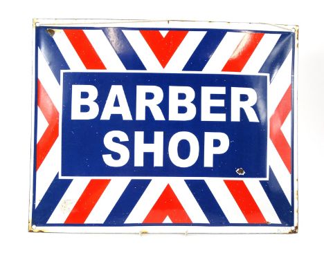 A 20thC enamel Barber shop sign, of raised rectangular outline in red, white and blue colour way with modern stringing, 34cm 