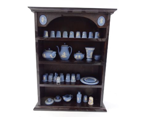 Various miniature Wedgwood blue Jasperware, to include various thimbles, 3cm high etc., hand bell, side plate, miniature part