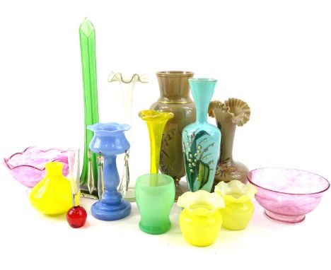 Various glassware, to include a 19thC vase of shouldered outline with compressed stem on circular foot with bead highlights, 