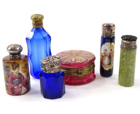 Various miniature perfume bottles etc., Bristol blue example with silver lid, 4cm high, blue glass perfume bottle, other part