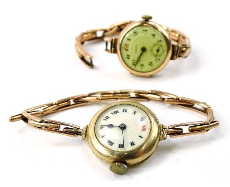 Two first quarter of the 20thC ladies 9ct rose gold wristlet wristwatches, both having surrounded dials, one with Arabic nume