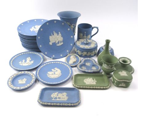 Various Wedgwood blue and green Jasperware, to include lidded jar 14cm dia, classical design vase, compressed candlestick, va