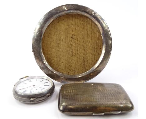 Various silver, comprising a Victorian circular mirror, with oak easel back, Birmingham 1890, 14cm high, a shaped cigarette c