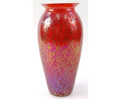 A 20thC Royal Brierley studio glass vase, the shoulder body in iridescent decoration on red ground, marked beneath, 29cm high