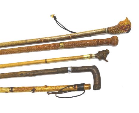 A collection of walking sticks etc., to include a Continental sword stick etc., Indian early 20thC.