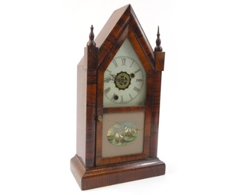 A late 19thC rosewood Ansonia mantel clock, in architectural case, the 12cm wide Roman numeric dial flanked by columns, above