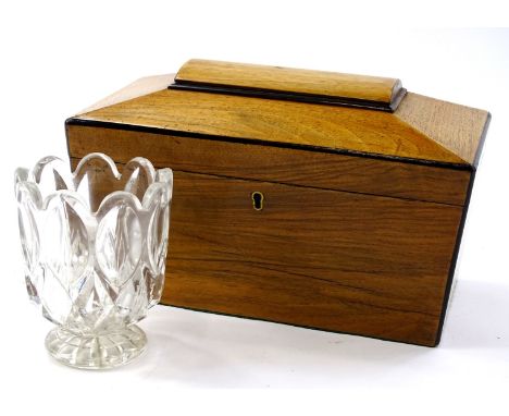 A 19thC mahogany tea caddy, the hinged lid revealing a fitted interior with glass mixing bowl, 14cm high, 31cm wide, 15cm dee