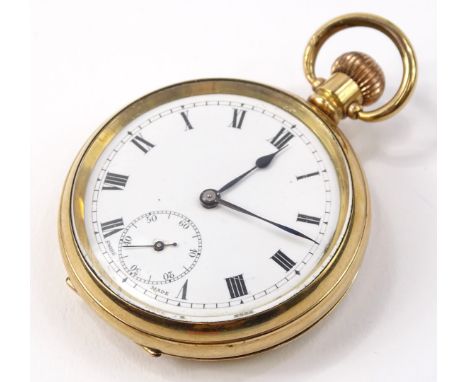 A gold plated pocket watch, with white enamel dial, black hands, seconds dial, marked to inner case *842825, bezel wind