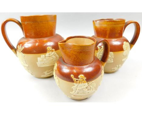 A graduated set of three Doulton Lambeth stoneware jugs, each decorated with hunting scenes etc., the largest 19cm high.