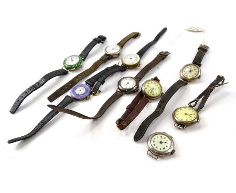 A collection of early 20thC wristlets/wrist watches, mostly with wire lugs and enamel dials, featuring enamel, mother of pear