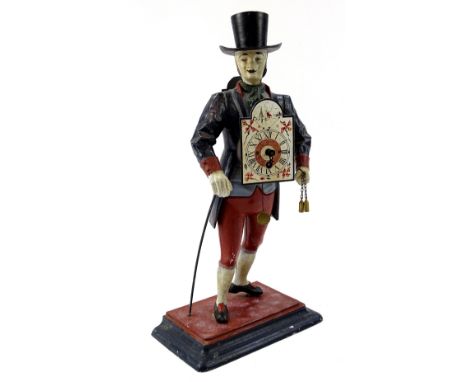 A Continental cast metal figure clock, formed as a gentleman in blue jacket and breeches, on a step stand fronted by an arch 