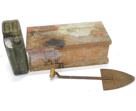 Miscellaneous items, to include a pine tool box and tools, a flat shovel and a petrol can.