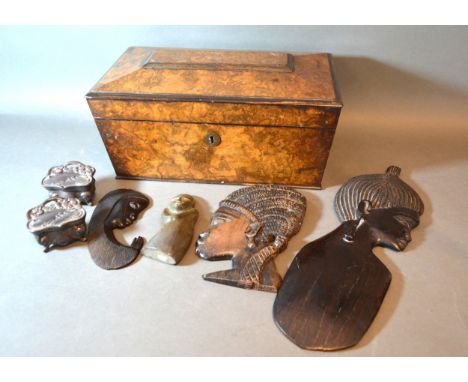 A Victorian Walnut Tea Caddy together with four sculptures and two jewellery boxes 
