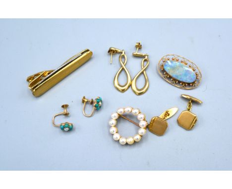 A 9ct. Gold Pearl Set Brooch of circular form together with an opal set brooch, a pair of 9ct. gold drop ear studs, a similar