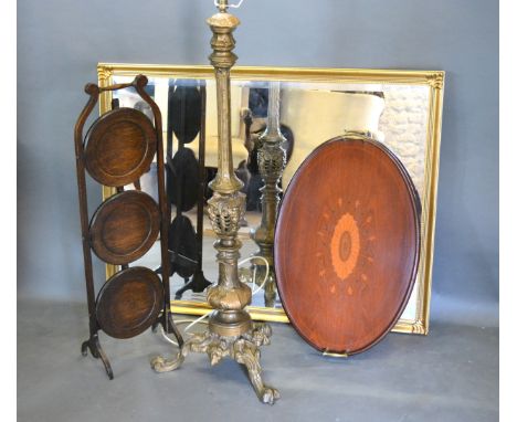 A Victorian Wrought Iron Lamp Standard with scroll feet, 107cms high together with a mahogany oval marquetry inlaid two handl