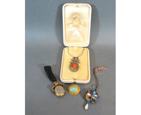 A Paste Set Pendant with chain in original box together with an enamel pendant, a turquoise set brooch and a double sided Int