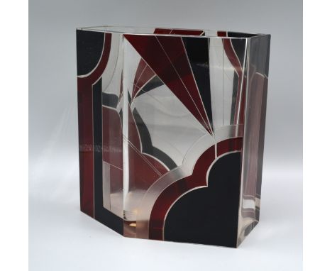 An Art Deco Glass Vase by Karl Palda with black and ruby geometric decoration, 21cms tall 