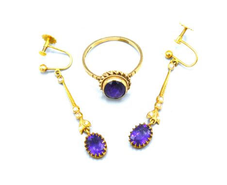 A 9ct. Gold Amethyst Set Dress Ring together with a pair of similar pearl and amethyst drop ear clips, 5 gms 