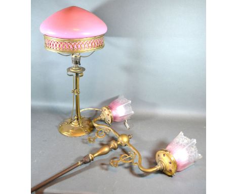 A Brass Table Lamp with Opaque Glass Shade together with a two branch ceiling light with opaque glass shades 