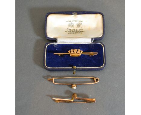 A 9ct. Gold Bar Brooch in the form of a Crown together with another bar brooch set single pearl and another bar brooch of sha