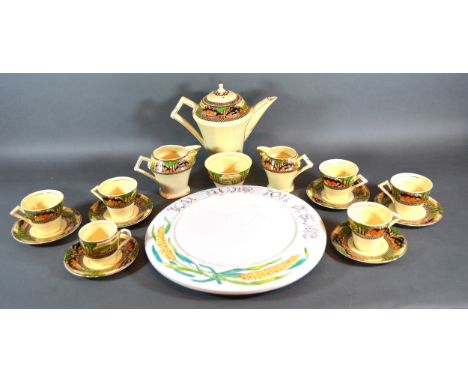A Myott Son &amp; Co. Coffee Service with hand painted decoration and highlighted with gilt together with a Copeland cheese d