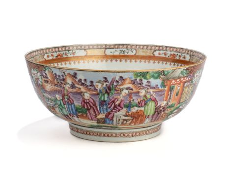 A CHINESE FAMILLE ROSE PUNCH BOWL, QING DYNASTY, 18th / 19th CENTURY, the deep rounded sides rising from a short tapering foo