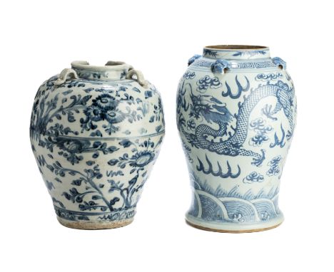 A CHINESE BLUE AND WHITE 'DRAGON' BALUSTER VASE, QING DYNASTY, 19TH CENTURY, painted around the exterior with two large scaly