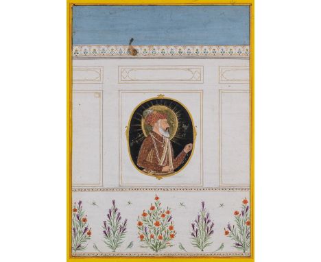 A MUGHAL PORTRAIT OF SHAH JAHAN, MUGHAL, INDIA, 18TH CENTURY, gouache with gold on paper, the subject depicted as a painting 