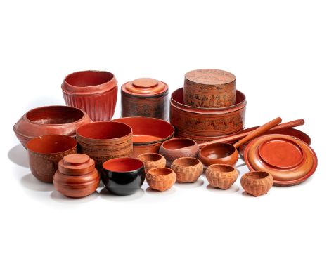 A MISCELLANEOUS GROUP OF RED LACQUER OBJECTS, BURMA (NOW MYANMAR), 20TH CENTURY, comprising two betel boxes, one with associa