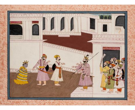 RAMA BOUND WITH THE SNAKE (NAGAPASA), PAHARI, INDIA, EARLY 19TH CENTURY, gouache with gold on paper, the hero seated on the g