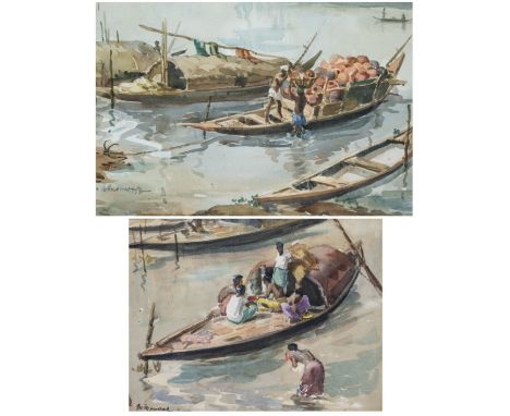 MUSTAFA MONWAR, BANGLADESHI, b.1935, TWO RIVER SCENES, watercolour on paper, both signed and dated lower left, the larger 195