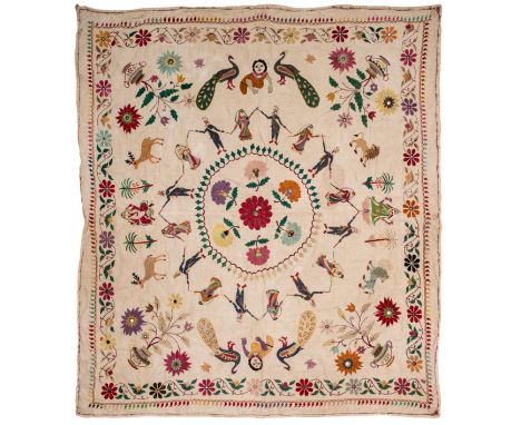 AN EMBROIDERED COTTON WALL HANGING (CHAKLA), KATHIAWARE, GUJARAT, WESTERN INDIA, EARLY 20TH CENTURY, with mirror glass appliq