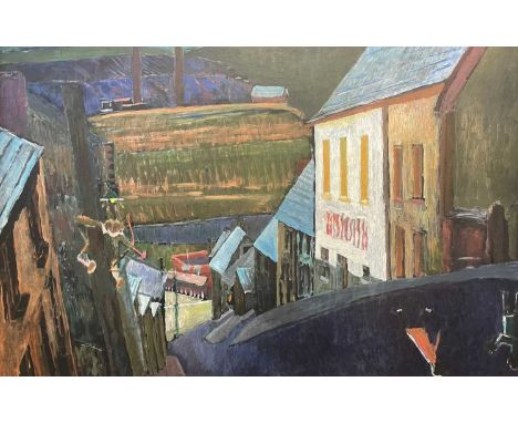 ‡ HEINZ KOPPEL oil on board - South Wales valleys terraced houses and distant colliery with child having climbed a lamppost w