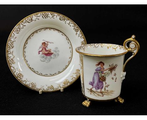 RARE SWANSEA PORCELAIN CABINET CUP &amp; SAUCER circa 1814-1820, the cup of cylindrical form with everted rim and on three pa