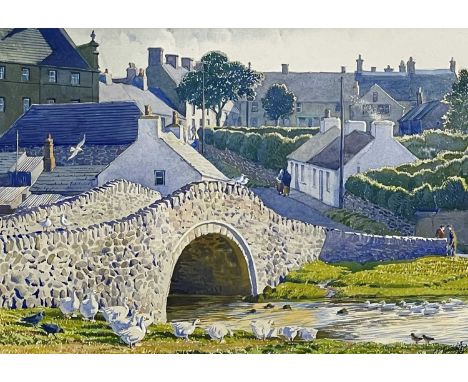 ‡ CHARLES FREDERICK TUNNICLIFFE OBE RA watercolour - Ynys Mon (Anglesey) coastal village with geese and figures, entitled 'Ab
