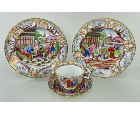 SWANSEA PORCELAINS IN THE MANDARIN PATTERN circa 1814-1822, comprising two plates and a breakfast cup and saucer, infill tran