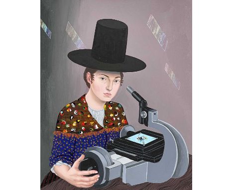 ‡ SEREN MORGAN JONES oil on canvas - figure wearing Welsh pipe-hat seated at a laboratory microscope, entitled verso 'Biologi