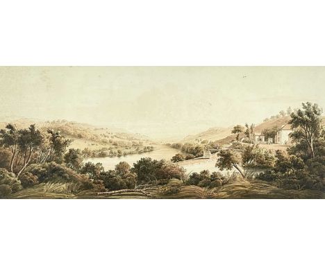 THOMAS HORNOR watercolour - expansive landscape with carriage beside buildings, titled 'Vale of Taff, from the Bridgewater Ar