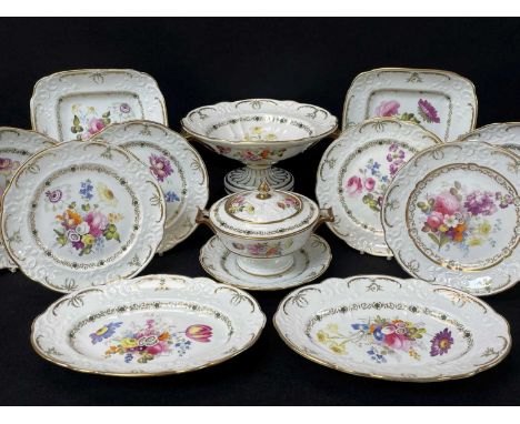 THIRTEEN-PIECE SWANSEA PORCELAIN DESSERT SERVICE circa 1815-1817, comprising twin-handled stem centre dish, 21cms diam / 2.5c