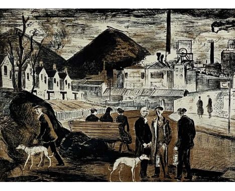 ARTHUR CHARLTON limited edition lithograph, 1960s - colliery town with miners holding lamps and with whippets, signed versoDi