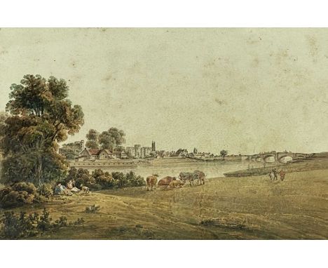 THOMAS HORNOR watercolour - figures resting, cattle grazing beside river, bridge and distant buildings including castle, titl
