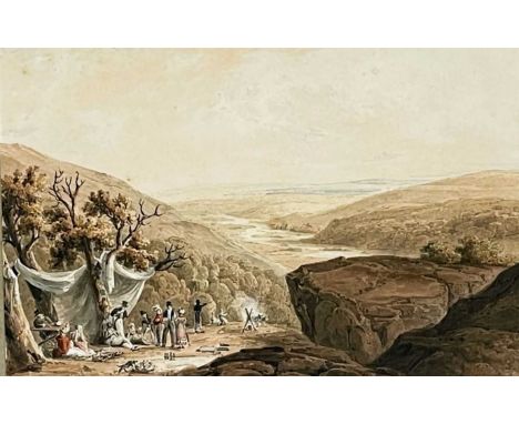 THOMAS HORNOR watercolour - group of figures camping or picnicking on a ridge, titled 'Vale of Neath from Dinas Rock'Provenan