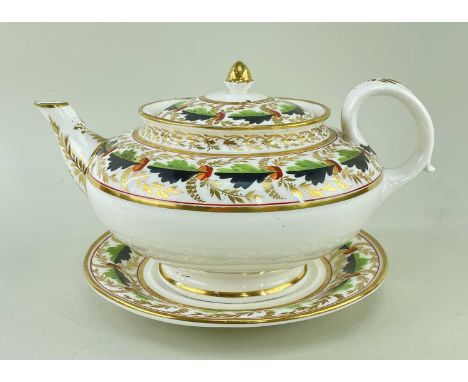 LARGE NANTGARW PORCELAIN TEAPOT &amp; STAND circa 1814-1822, the teapot of bellied circular form with elevated loop handle, c