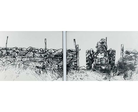 ‡ KEITH BOWEN diptych pen and ink on Schoellershammer 6G paper - drystone wall and farmer on tractor with sheepdog following,