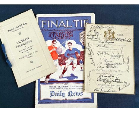 1927 FA CUP FINAL PROGRAMME, SIGNED MENU CARD &amp; TRAVEL ITINERARY Cardiff City v Arsenal, the programme for the final-tie,